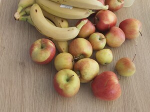 Auf einem Tisch liegen eine Wassermelone, mehrere Bananen und viele Äpfel. Daneben stehen eine Dose Fruchtcocktail, ein Messer, ein Becher und eine weiße Schüssel.