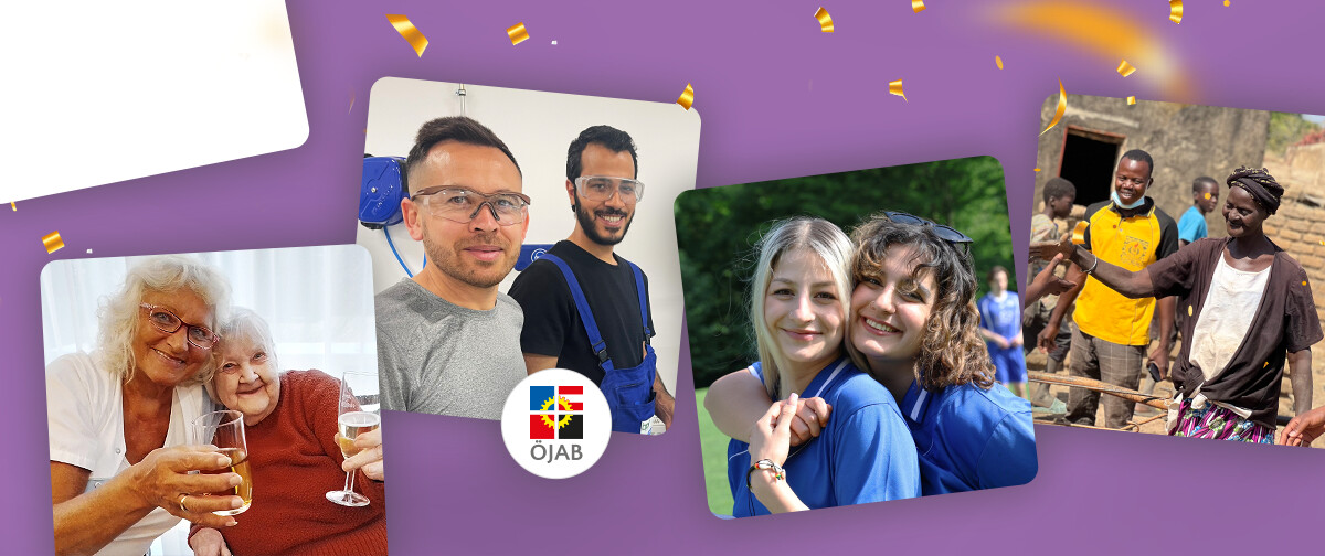 Illustration of the ÖJAB fields of activity: Students & Youth, Senior Citizens & Care, Education & Integration, development cooperation, About ÖJAB.