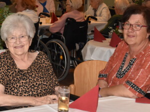 Zwei Frauen - eine Seniorin und ihre Angehörige - sitzen nebeneinander an einem Tisch. Im Hintergrund sind weitere Gäste in einem Gemeinschaftsraum zu sehen.