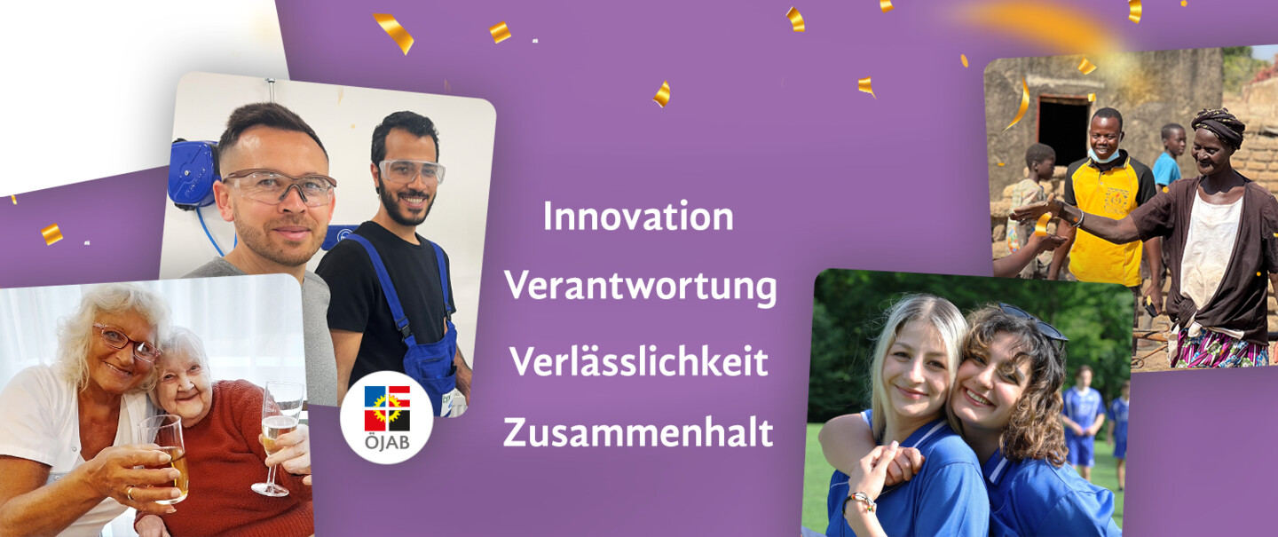 Illustration der ÖJAB-Bereiche: Studierende und Jugend, SeniorInnen und Pflege, Bildung und Integration, Internationale Entwicklungszusammenarbeit, EZA, Über die ÖJAB.