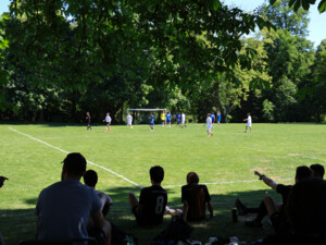 Mehrere Zuseher:innen sitzen am Rand eines Fußballfeldes im Schatten großer Bäume. Auf der sonnigen Wiese im Hintergrund spielen Teams in weißen, blauen und schwarzen Trikots vor einem Fußballtor.
