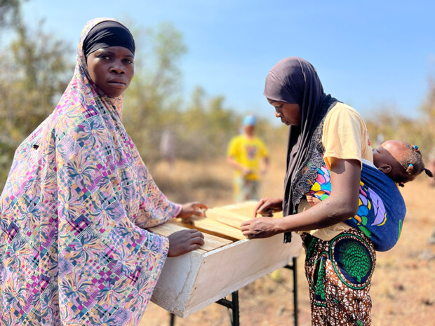 Zwei Frauen arbeiten im Freien an einem modernen Holzbienenstock. Eine der Frauen blickt zur Kamera, die andere steht seitlich und trägt ein Kleinkind in einem bunten Tragetuch auf dem Rücken. Im Hintergrund ist eine für Burkina Faso typische, trockene Landschaft mit weiteren Teilnehmer:innen zu sehen.