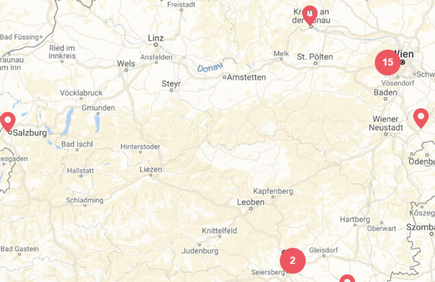 Screenshot Karte aller Standorte in Österreich