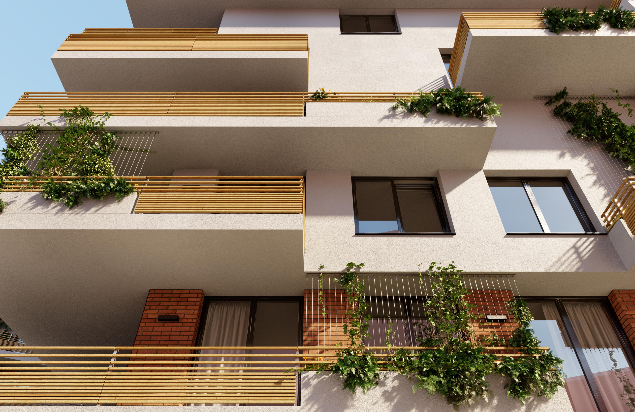 Rendering Nahaufnahme der Außenfassade mit Balkons des neuen ÖJAB-Pflegewohnhauses Neumargareten - Wohlfühlen am Lebenscampus.