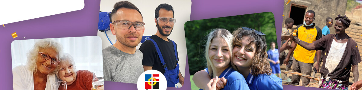 Illustration of the ÖJAB fields of activity: Students & Youth, Senior Citizens & Care, Education & Integration, development cooperation, About ÖJAB.