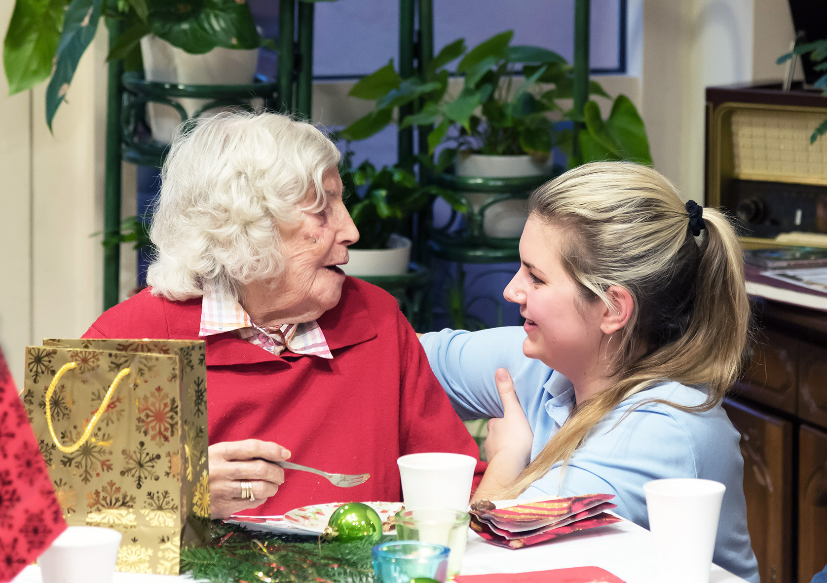 Seniorin mit einer Pflegerin im Gespräch