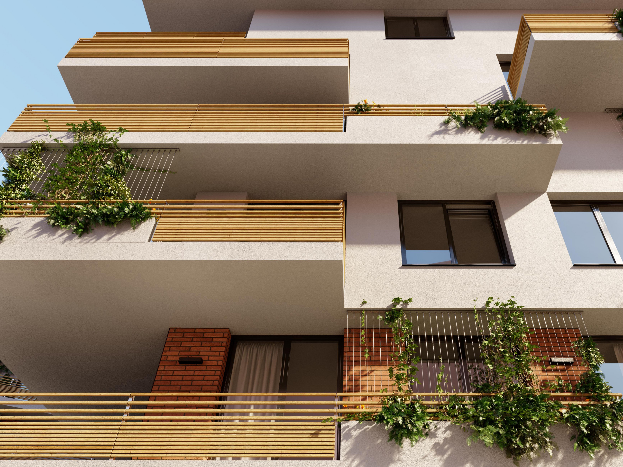 Rendering Nahaufnahme Außenfassade mit Balkons des "ÖJAB-Pflegewohnhaus Neumargareten - Wohlfühlen am Lebenscampus" im neuen Lebenscampus Wolfganggasse. (Abbildung: b18 architekten zt gmbh)