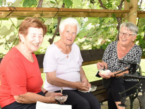 Bewohnerinnen sitzend in der Gartenlaube des Hauses.