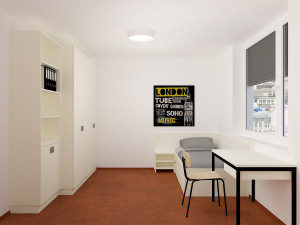 Abbildung eines Einzelzimmers im neuen ÖJAB-Haus Remise, Jugendwohnheim in Wien-Meidling.
