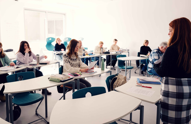 Eine Kursleiterin steht vor mehreren Kursteilnehmenden, die an Einzeltischen sitzen und mit Arbeitsblättern, Notizen und Kursunterlagen arbeiten. Foto: www.inframe.at