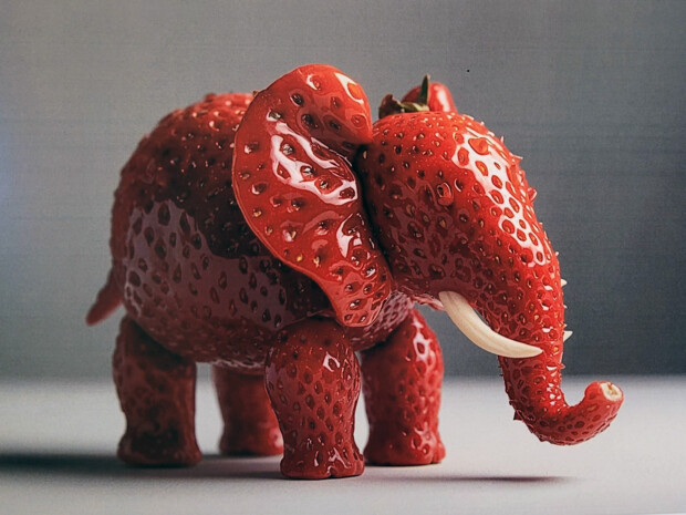 Nahaufnahme eines digitalen Kunstwerks, das einen Elefanten zeigt, dessen Körper vollständig aus realistisch aussehenden Erdbeeren besteht. Das Bild entstand im Rahmen eines KI-Workshops mit Jugendlichen und visualisiert den Prompt 'Ein Elefant aus Erdbeeren'.
