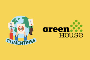 Logo CLIMENTINE und Logo GREENHOUSE vor gelbem Hintergrund.