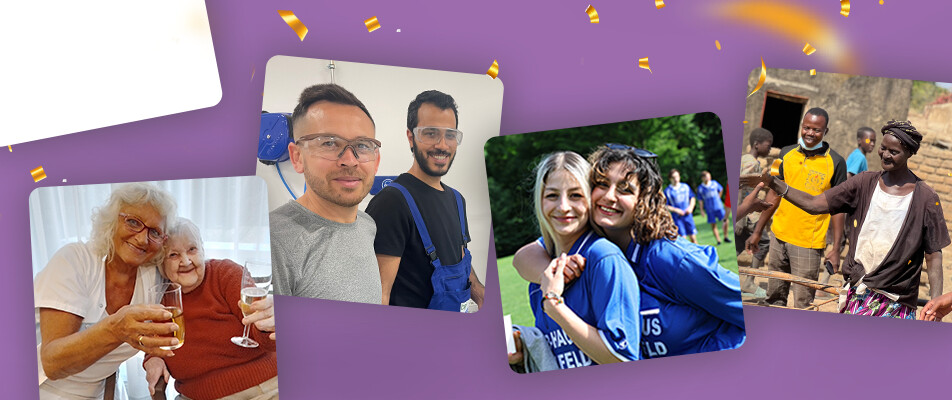 Illustration of the ÖJAB fields of activity: Students & Youth, Senior Citizens & Care, Education & Integration, development cooperation, About ÖJAB.