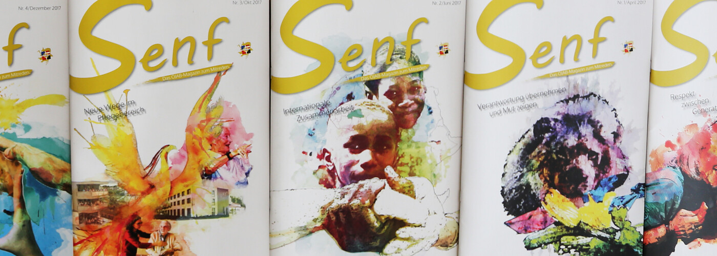 Collage von mehreren Titelseiten der ÖJAB-Zeitschrift "Senf".