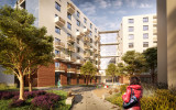 Rendering Außenaufnahme des Hofs des neuen ÖJAB-Pflegewohnhauses Neumargareten - Wohlfühlen am Lebenscampus.