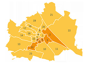 Eine Karte von Wien unterteilt in Bezirke.