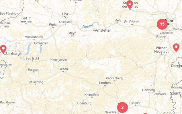 Screenshot Karte aller Standorte in Österreich