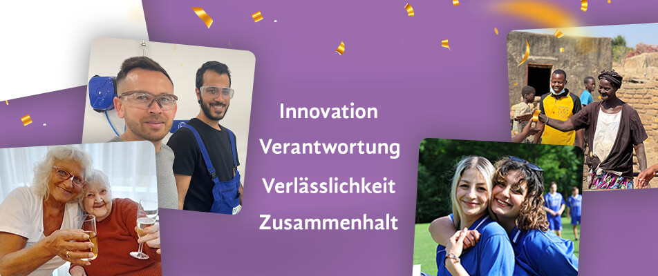 Illustration der ÖJAB-Bereiche: Studierende und Jugend, SeniorInnen und Pflege, Bildung und Integration, Internationale Entwicklungszusammenarbeit, EZA, Über die ÖJAB.