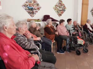Mehrere ältere Personen sitzen in einer Reihe, überwiegend in Rollstühlen, und blicken aufmerksam nach vorn. Im Hintergrund hängen Fotocollagen an der Wand. Die Stimmung ist ruhig und konzentriert.