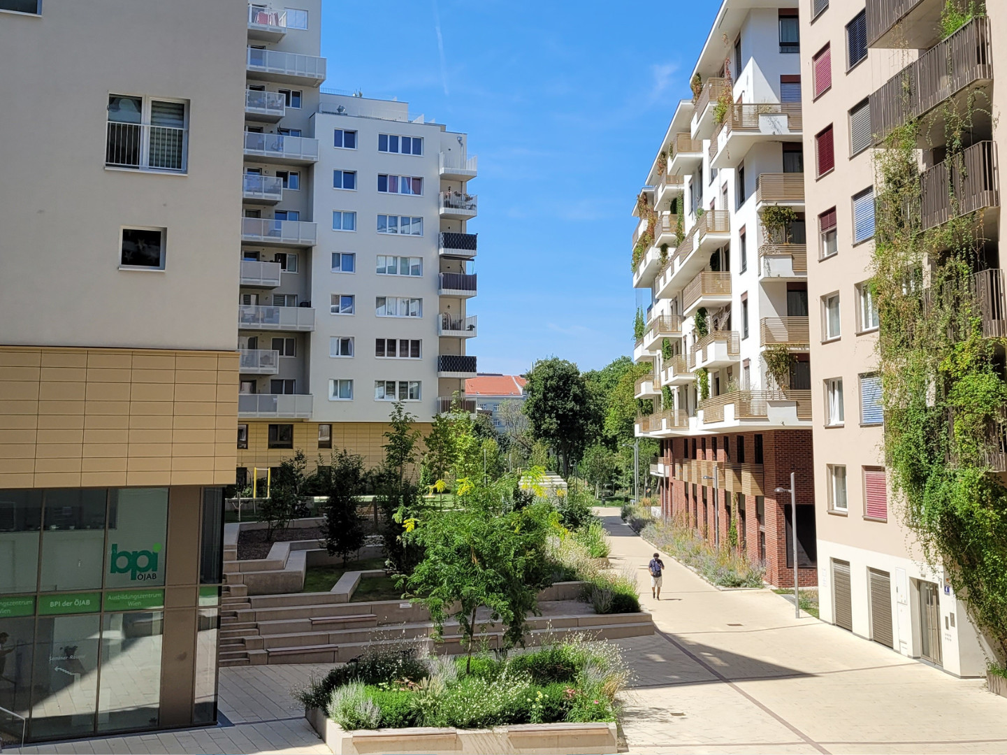 Ein sonniger Blick in einen begrünten Innenhof eines modernen Wohngebiets mit mehrstöckigen Gebäuden, Balkonen mit Pflanzenbewuchs und einem Gehweg mit Bänken und Bäumen.