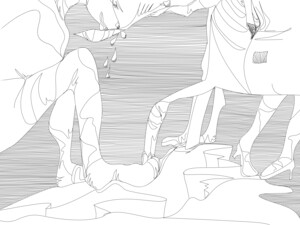 Filigrane Schwarz-Weiß-Zeichnung mit mehreren stilisierten menschlichen Figuren und Fabelwesen. Tropfen, Fächer und Bewegungselemente erzeugen eine narrative Szene. Illustration: Birgit Schweiger.