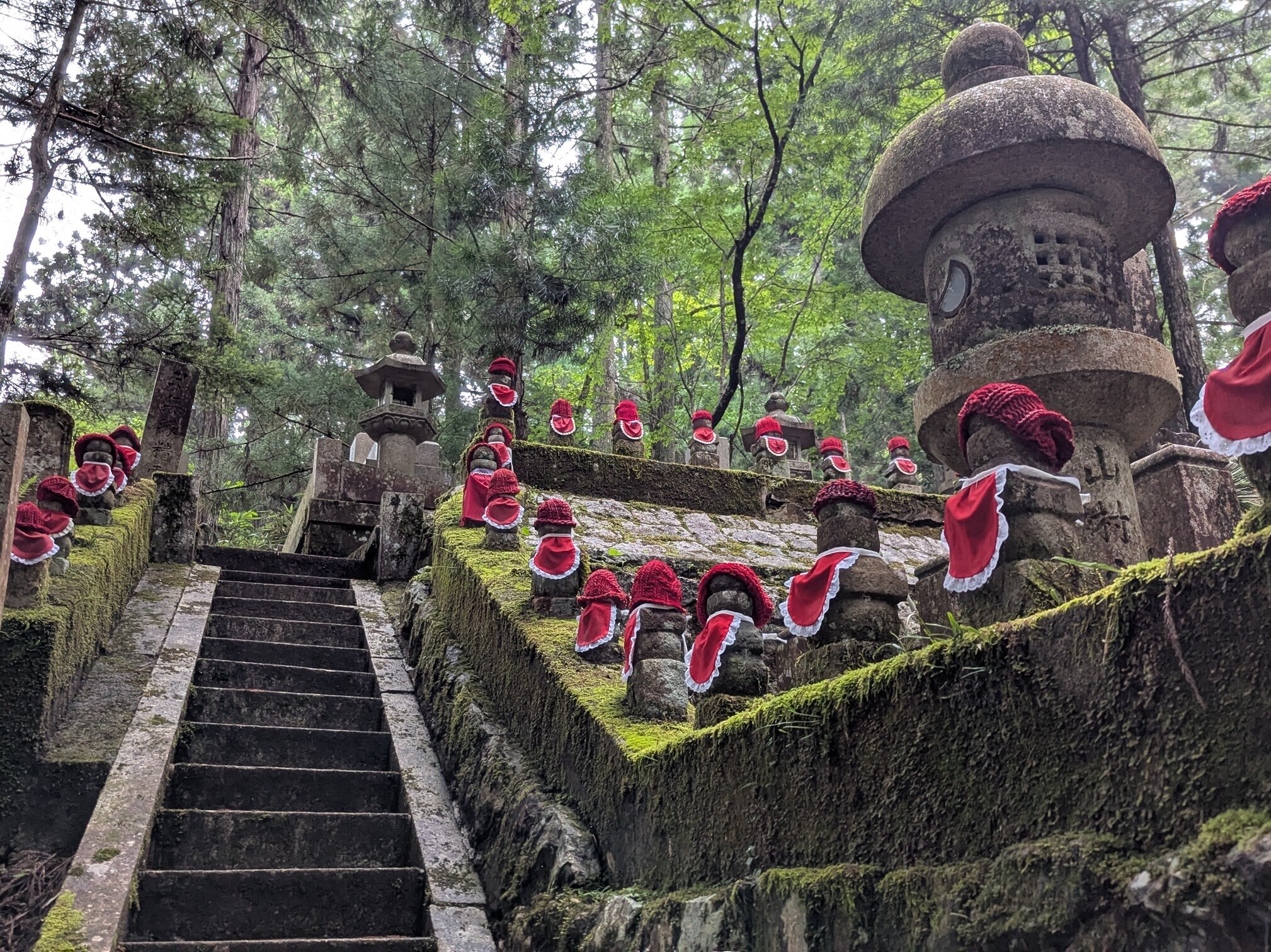 Moosbedeckte Steintreppen führen zu einer Tempelanlage im Wald auf dem Kōyasan. Zahlreiche kleine Jizō-Statuen tragen rote Mützen und Lätzchen, eingebettet in die grüne Umgebung.