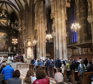 Zahlreiche Menschen nehmen an einem Gottesdienst im Stephansdom in Wien teil. Sie sitzen und stehen in den Kirchenbänken, während vorne Geistliche am Altar die Messe zelebrieren. Der gotische Innenraum ist reich mit Skulpturen, Altären und Gemälden verziert. Kronleuchter erhellen den Raum, und im Hintergrund ist ein Chor zu sehen.