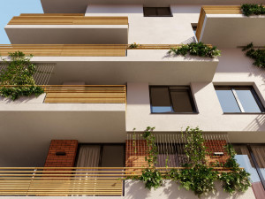 Grafische Darstellung der begrünten Hausfassade mit Balkonen des neuen Pflegewohnhauses Neumargareten.