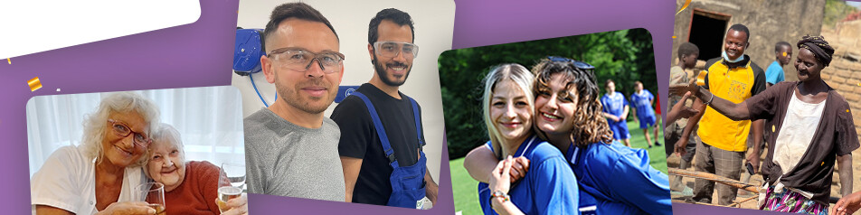 Illustration of the ÖJAB fields of activity: Students & Youth, Senior Citizens & Care, Education & Integration, development cooperation, About ÖJAB.