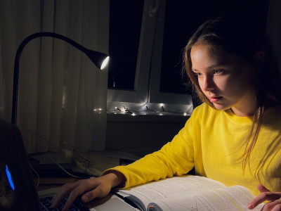 Dame vor Laptop und aufgeklapptem Buch sitzend.