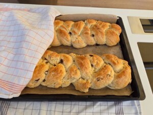 Zwei fertig gebackene, goldbraune Allerheiligen-Striezel mit Rosinen auf einem Backblech. Ein Geschirrtuch liegt daneben.