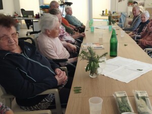 Eine Gruppe älterer Bewohner:innen sitzt in einem hellen Gemeinschaftsraum an einem langen Tisch. Auf dem Tisch stehen Gläser, eine Wasserflasche und frische Kräuter. Die Teilnehmenden betrachten und besprechen die Pflanzen, während eine Betreuungsperson im Hintergrund steht. Die Atmosphäre wirkt ruhig und gemeinschaftlich.