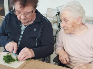 Zwei ältere Bewohner:innen sitzen dicht nebeneinander an einem Tisch. Eine Person schneidet fein gehackte Kräuter auf einem Brett, während die andere aufmerksam zusieht. Im Hintergrund sind weitere Möbel und Dekorationen eines Aufenthaltsraums zu sehen. Die Szene vermittelt konzentriertes Arbeiten und soziale Nähe.