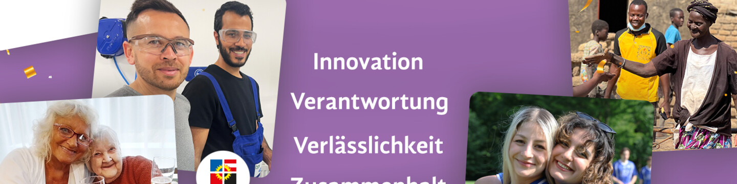Illustration der ÖJAB-Bereiche: Studierende und Jugend, SeniorInnen und Pflege, Bildung und Integration, Internationale Entwicklungszusammenarbeit, EZA, Über die ÖJAB.