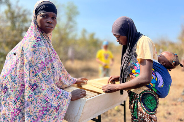 Two women are working outdoors on a modern wooden beehive. One of the women is looking toward the camera, while the other is standing sideways and carrying a small child on her back in a colorful wrap. In the background, a dry landscape typical of Burkina Faso can be seen, along with other participants.