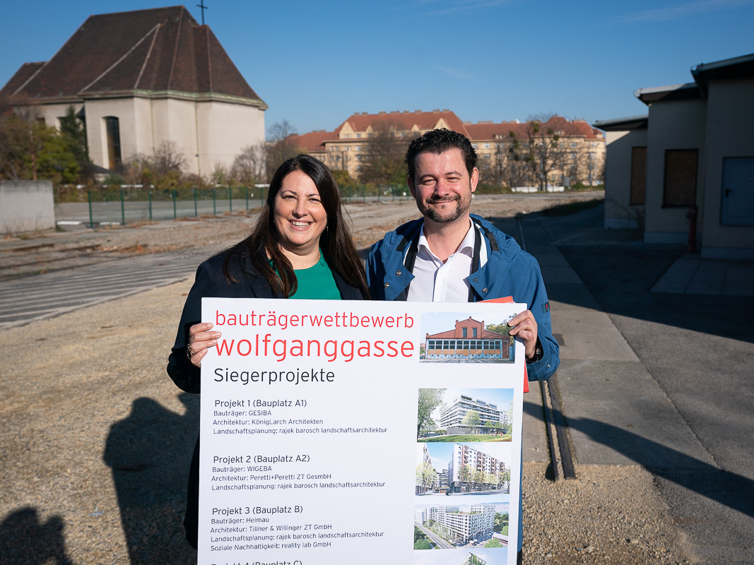 Stadträtin Kathrin Gaal und Wohnfonds-Wien-Geschäftsführer Gregor Puscher präsentierten am 15. November 2018 die Siegerprojekte. 