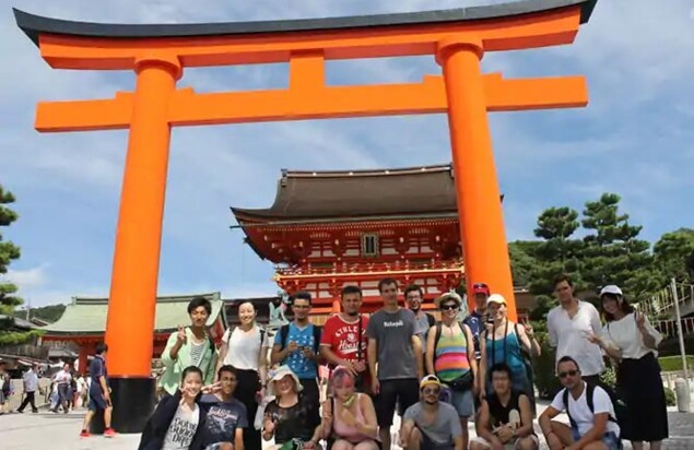 An Austrian youth group visitng Wakayama. The group stands in front of a Japanese temple gate.