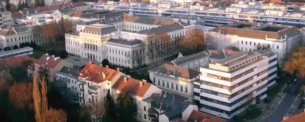 aerial view of the Karl Franzens Universitaet in Graz.