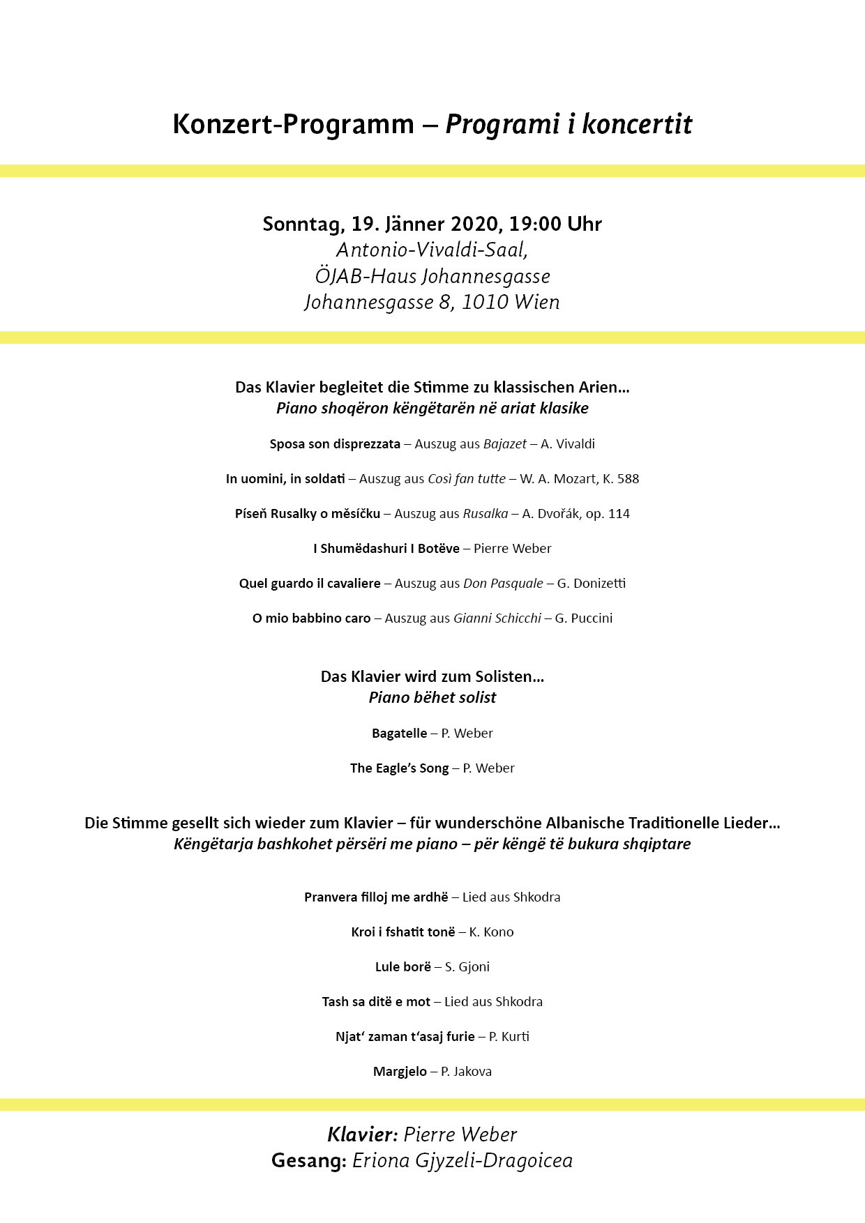 Programm des ÖJAB-Benefizkonzerts am 19.1.2020 im ÖJAB-Haus Johannesgasse.