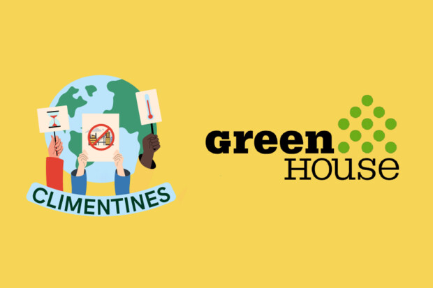 Logo CLIMENTINE und Logo GREENHOUSE vor gelbem Hintergrund.